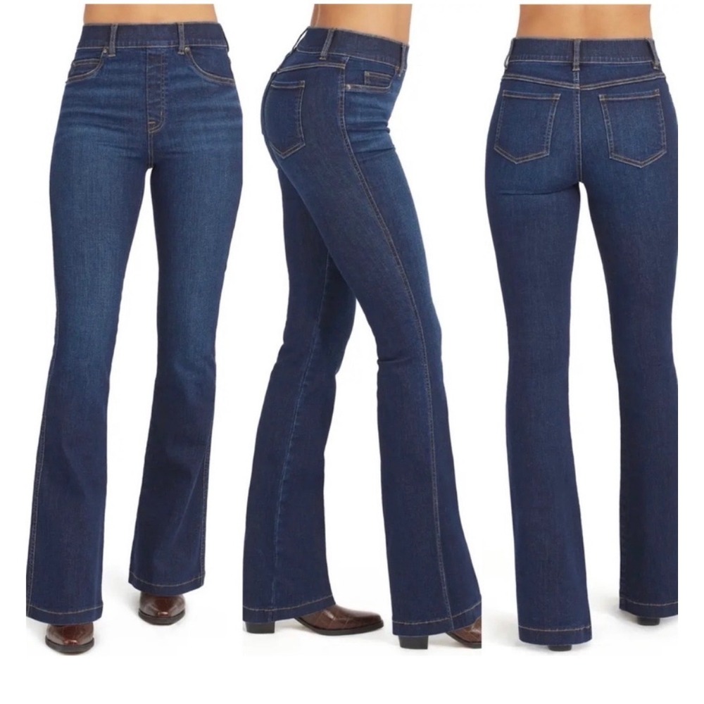 Spanx Flare Jeans Womens Small Petite Blue Pull On High Rise Boho Retro 70s Chic